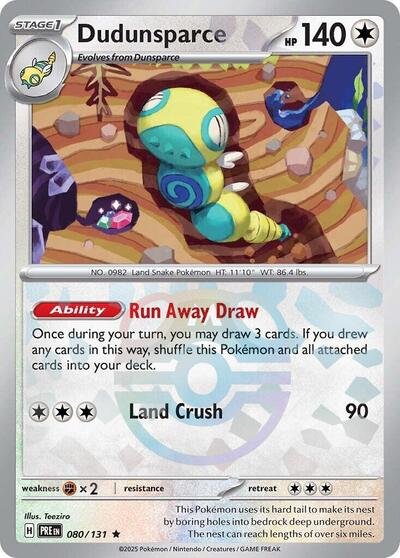 Pokémon card: Dudunsparce (Master Ball Pattern) 080/131 from Prismatic Evolutions (Rare), Colorless type, front of card