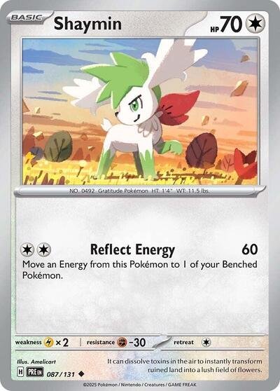 Pokémon card: Shaymin 087/131 from Prismatic Evolutions (Uncommon), Colorless type, front of card