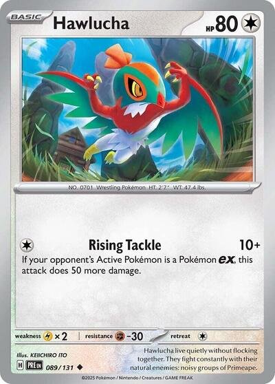 Pokémon card: Hawlucha 089/131 from Prismatic Evolutions (Uncommon), Colorless type, front of card