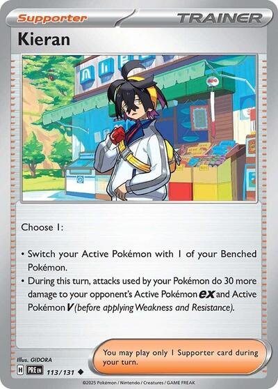 Pokémon card: Kieran 113/131 from Prismatic Evolutions (Uncommon), front of card