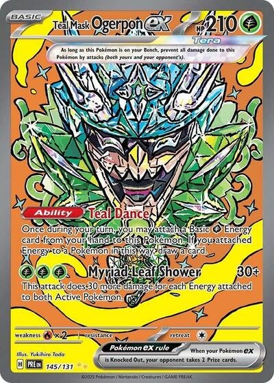 Pokémon card: Teal Mask Ogerpon ex 145/131 from Prismatic Evolutions (Special Illustration Rare), Grass type, front of card