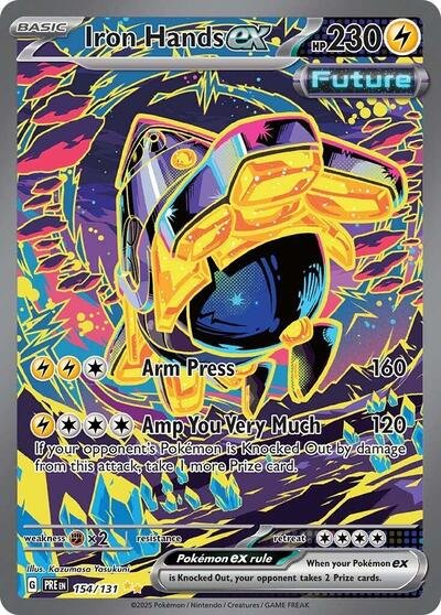 Pokémon card: Iron Hands ex 154/131 from Prismatic Evolutions (Special Illustration Rare), Lightning type, front of card