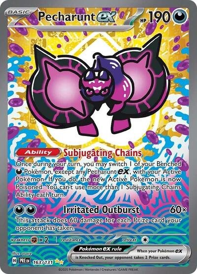Pokémon card: Pecharunt ex 163/131 from Prismatic Evolutions (Special Illustration Rare), Darkness type, front of card