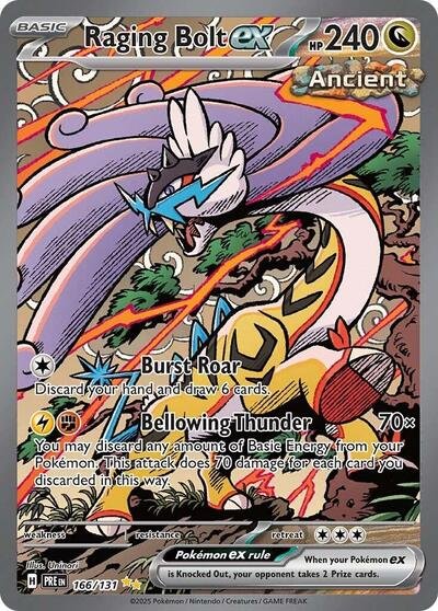 Pokémon card: Raging Bolt ex 166/131 from Prismatic Evolutions (Special Illustration Rare), Dragon type, front of card