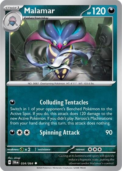 Pokémon card: Malamar 034/064 from Shrouded Fable (Uncommon), Darkness type, front of card