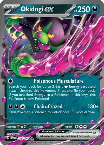 Pokémon card: Okidogi ex 036/064 from Shrouded Fable (Double Rare), Darkness type, front of card
