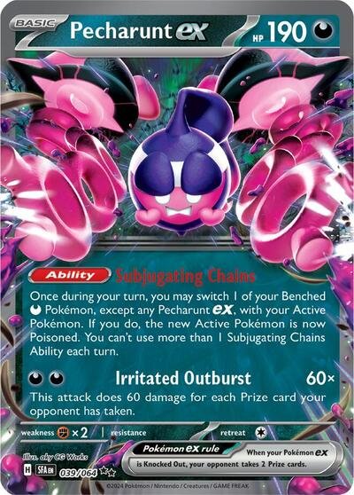 Pokémon card: Pecharunt ex 039/064 from Shrouded Fable (Double Rare), Darkness type, front of card