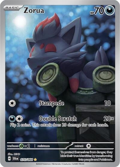 Pokémon card: Zorua 075/064 from Shrouded Fable (Illustration Rare), Darkness type, front of card