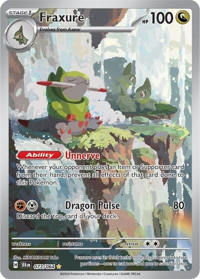 Pokémon card: Fraxure 077/064 from Shrouded Fable (Illustration Rare), Dragon type, front of card