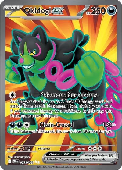 Pokémon card: Okidogi ex 082/064 from Shrouded Fable (Ultra Rare), Darkness type, front of card