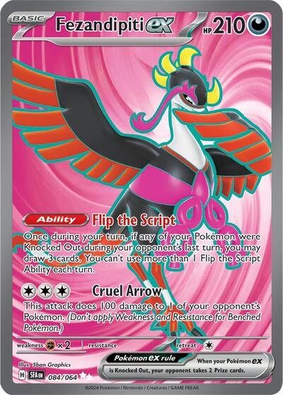 Pokémon card: Fezandipiti ex 084/064 from Shrouded Fable (Ultra Rare), Darkness type, front of card