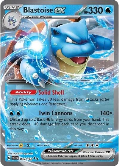 Pokémon card: Blastoise ex 030/142 from Stellar Crown (Double Rare), Water type, front of card
