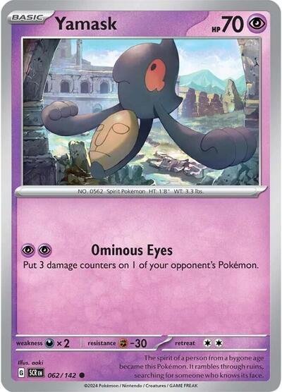 Pokémon card: Yamask 062/142 from Stellar Crown (Common), Psychic type, front of card