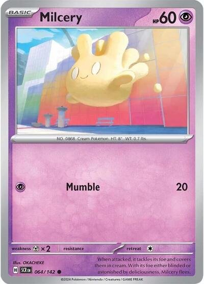 Pokémon card: Milcery 064/142 from Stellar Crown (Common), Psychic type, front of card