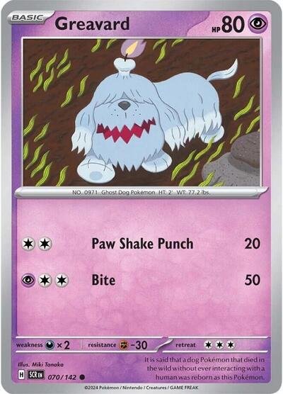 Pokémon card: Greavard 070/142 from Stellar Crown (Common), Psychic type, front of card