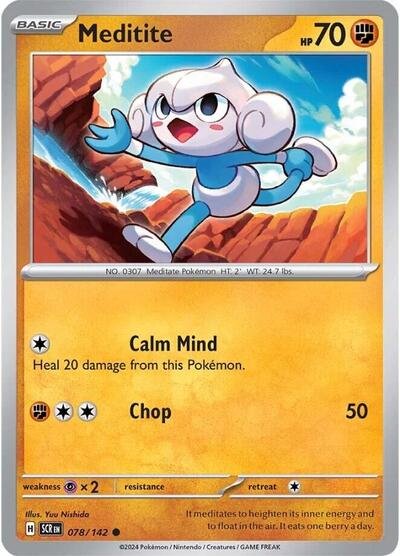 Pokémon card: Meditite 078/142 from Stellar Crown (Common), Fighting type, front of card