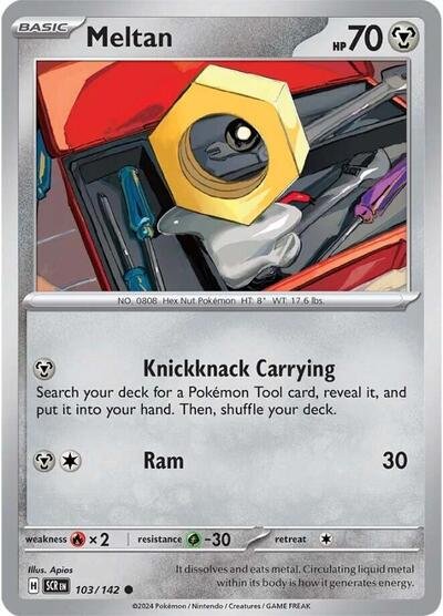 Pokémon card: Meltan 103/142 from Stellar Crown (Common), Metal type, front of card