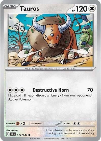 Pokémon card: Tauros 112/142 from Stellar Crown (Common), Colorless type, front of card