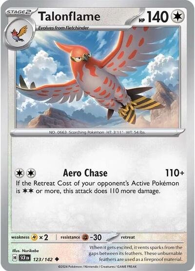 Pokémon card: Talonflame 123/142 from Stellar Crown (Uncommon), Colorless type, front of card