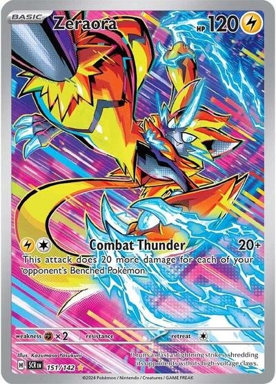 Pokémon card: Zeraora 151/142 from Stellar Crown (Illustration Rare), Lightning type, front of card