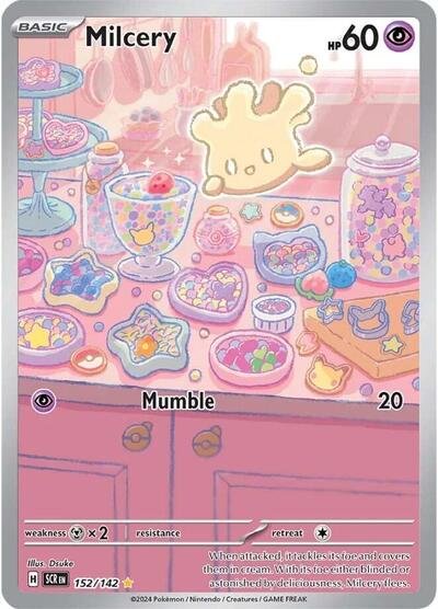 Pokémon card: Milcery 152/142 from Stellar Crown (Illustration Rare), Psychic type, front of card