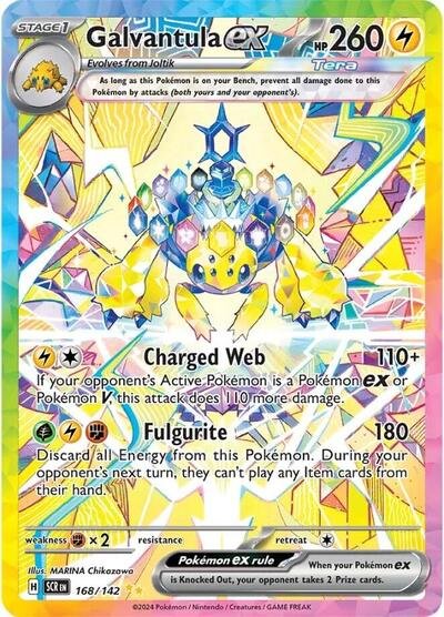 Pokémon card: Galvantula ex 168/142 from Stellar Crown (Special Illustration Rare), Lightning type, front of card