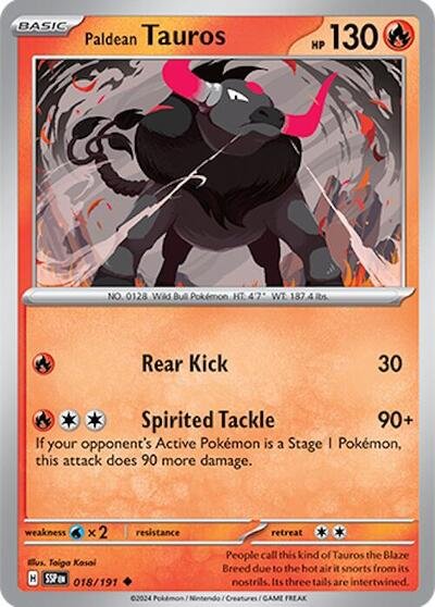Pokémon card: Paldean Tauros 018/191 from Surging Sparks (Uncommon), Fire type, front of card