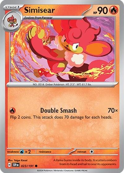Pokémon card: Simisear 023/191 from Surging Sparks (Common), Fire type, front of card