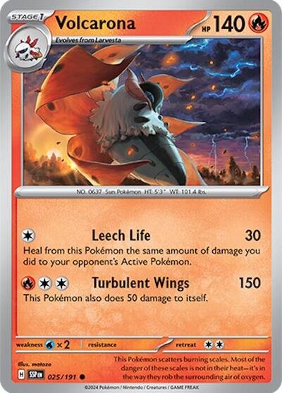 Pokémon card: Volcarona 025/191 from Surging Sparks (Common), Fire type, front of card
