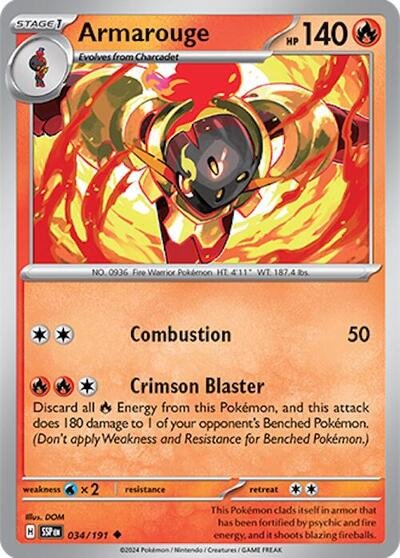 Pokémon card: Armarouge 034/191 from Surging Sparks (Uncommon), Fire type, front of card