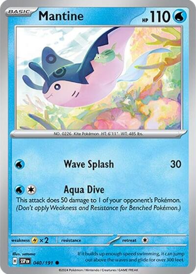 Pokémon card: Mantine 040/191 from Surging Sparks (Common), Water type, front of card