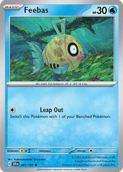 Pokémon card: Feebas 041/191 from Surging Sparks (Common), Water type, front of card