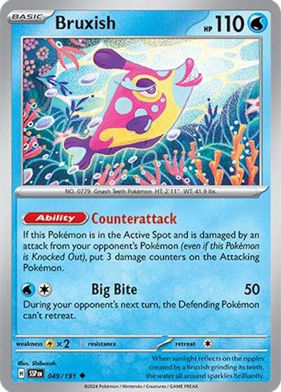 Pokémon card: Bruxish 049/191 from Surging Sparks (Uncommon), Water type, front of card