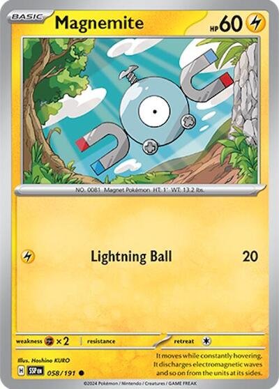 Pokémon card: Magnemite 058/191 from Surging Sparks (Common), Lightning type, front of card