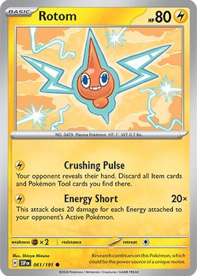 Pokémon card: Rotom 061/191 from Surging Sparks (Common), Lightning type, front of card