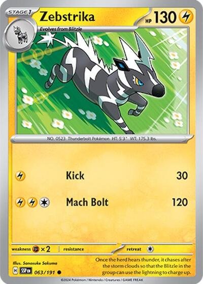 Pokémon card: Zebstrika 063/191 from Surging Sparks (Common), Lightning type, front of card