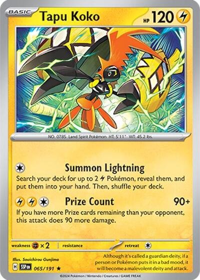 Pokémon card: Tapu Koko 065/191 from Surging Sparks (Rare), Lightning type, front of card