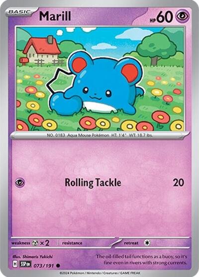 Pokémon card: Marill 073/191 from Surging Sparks (Common), Psychic type, front of card