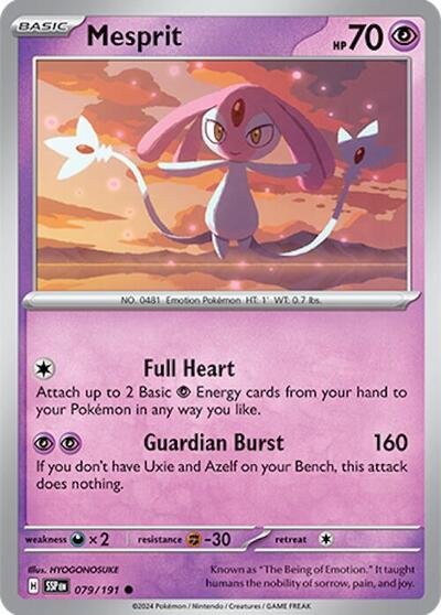 Pokémon card: Mesprit 079/191 from Surging Sparks (Common), Psychic type, front of card