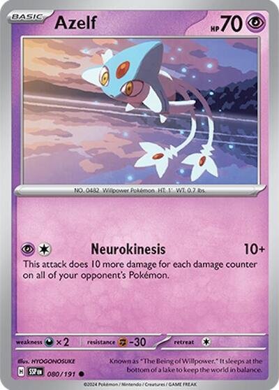 Pokémon card: Azelf 080/191 from Surging Sparks (Common), Psychic type, front of card