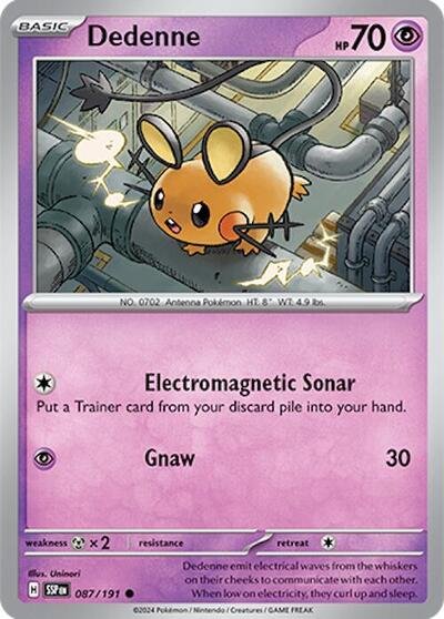Pokémon card: Dedenne 087/191 from Surging Sparks (Common), Psychic type, front of card