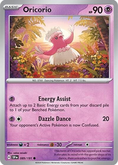 Pokémon card: Oricorio 089/191 from Surging Sparks (Common), Psychic type, front of card