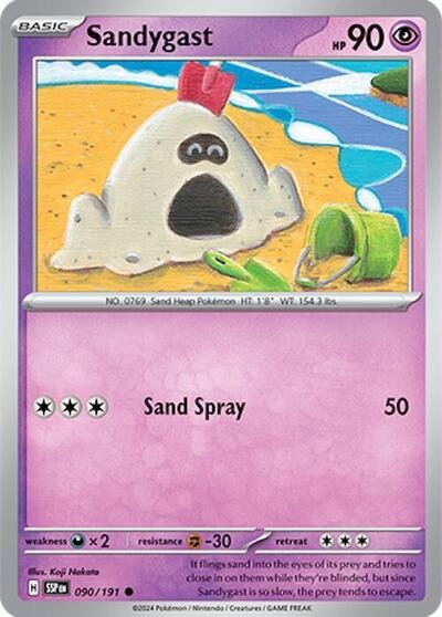 Pokémon card: Sandygast 090/191 from Surging Sparks (Common), Psychic type, front of card