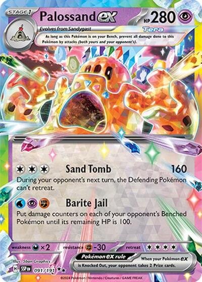 Pokémon card: Palossand ex 091/191 from Surging Sparks (Double Rare), Psychic type, front of card