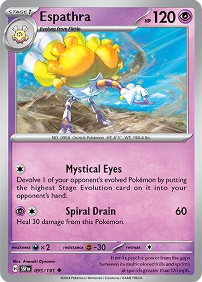 Pokémon card: Espathra 095/191 from Surging Sparks (Uncommon), Psychic type, front of card