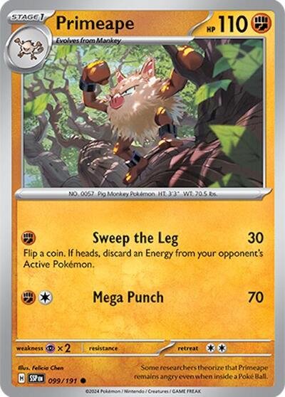 Pokémon card: Primeape 099/191 from Surging Sparks (Common), Fighting type, front of card