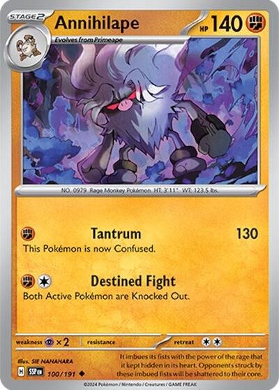Pokémon card: Annihilape 100/191 from Surging Sparks (Uncommon), Fighting type, front of card