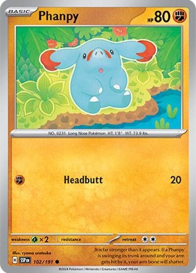 Pokémon card: Phanpy 102/191 from Surging Sparks (Common), Fighting type, front of card