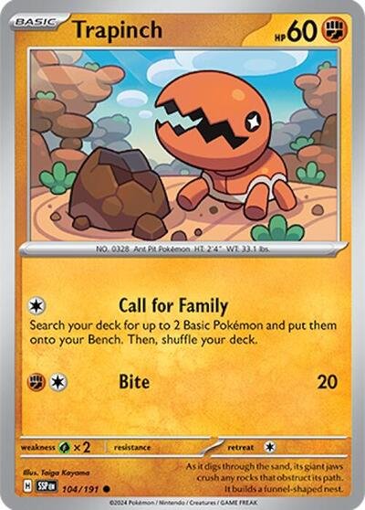 Pokémon card: Trapinch 104/191 from Surging Sparks (Common), Fighting type, front of card
