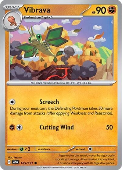 Pokémon card: Vibrava 105/191 from Surging Sparks (Common), Fighting type, front of card